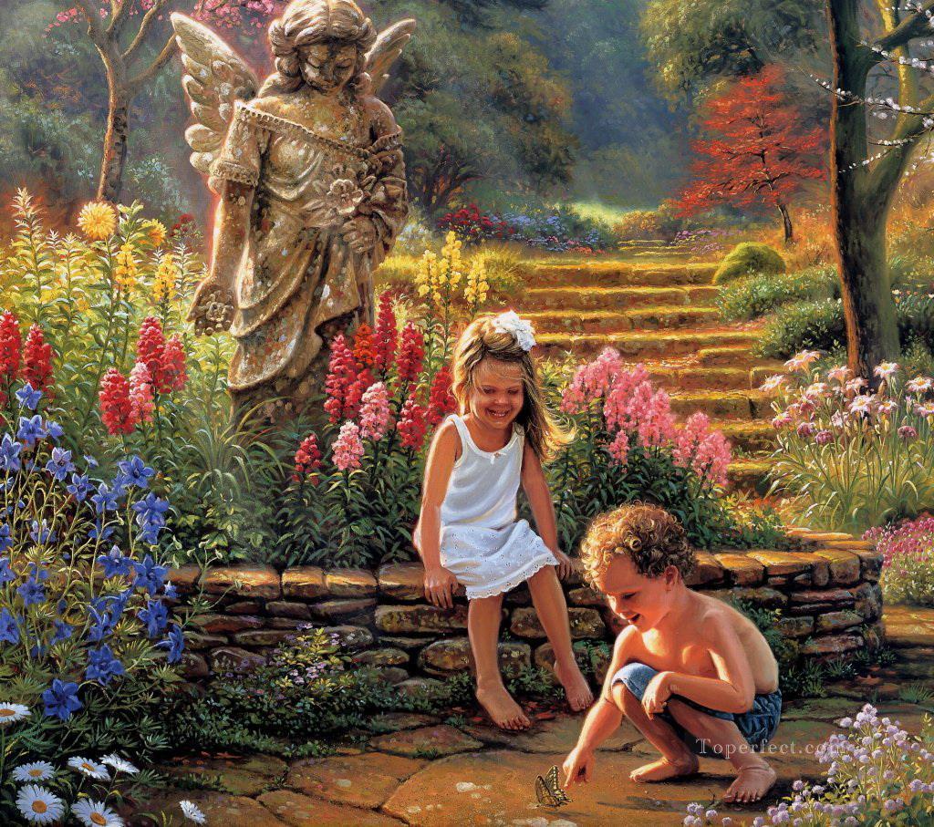 kids and butterly at garden pet kids Oil Paintings
